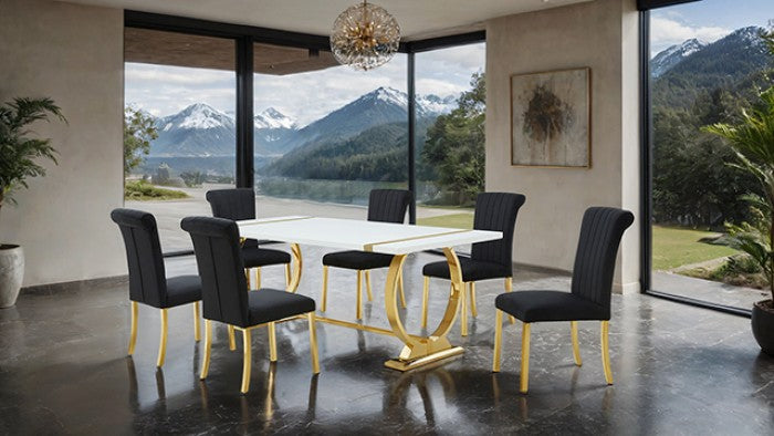 FM37008GD-BK-7PC 7 pc Holbaek gold finish base white top modern dining table set black fabric chairs