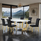 FM37008GD-BK-7PC 7 pc Holbaek gold finish base white top modern dining table set black fabric chairs