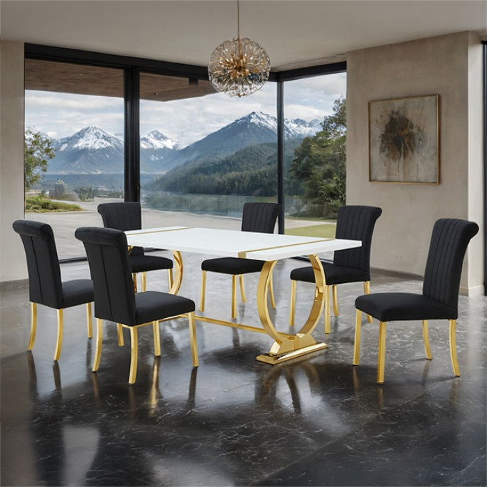 FM37008GD-BK-7PC 7 pc Holbaek gold finish base white top modern dining table set black fabric chairs