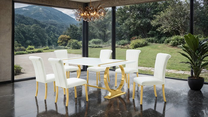 FM37008GD-WH-7PC 7 pc Holbaek gold finish base white top modern dining table set white fabric chairs
