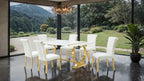 FM37008GD-WH-7PC 7 pc Holbaek gold finish base white top modern dining table set white fabric chairs