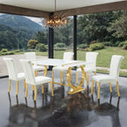 FM37008GD-WH-7PC 7 pc Holbaek gold finish base white top modern dining table set white fabric chairs