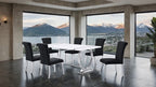 FM37008SV-BK-7PC 7 pc Holbaek silver finish base white top modern dining table set black fabric chairs