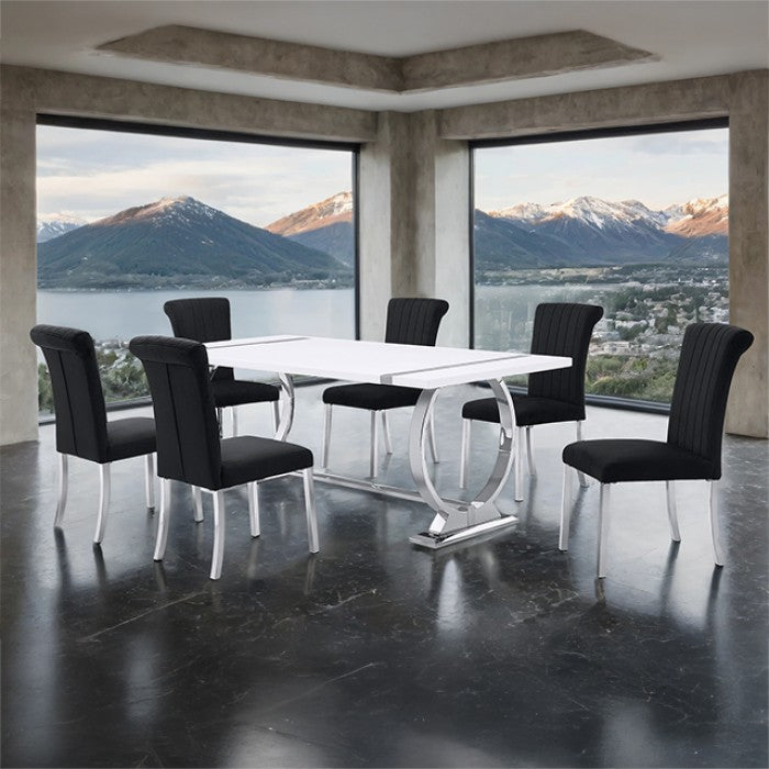 FM37008SV-BK-7PC 7 pc Holbaek silver finish base white top modern dining table set black fabric chairs