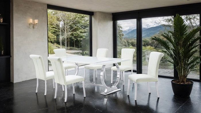 FM37008SV-WH-7PC 7 pc Holbaek silver finish base white top modern dining table set white fabric chairs
