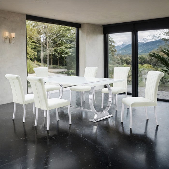 FM37008SV-WH-7PC 7 pc Holbaek silver finish base white top modern dining table set white fabric chairs