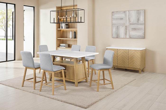 FM37009NT-PT-7PC 7 pc Tangier natural finish wood white marble top storage pedestal base counter height dining table set