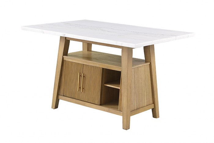 FM37009NT-PT-7PC 7 pc Tangier natural finish wood white marble top storage pedestal base counter height dining table set