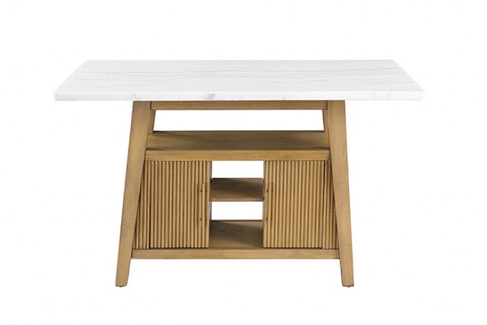 FM37009NT-PT-7PC 7 pc Tangier natural finish wood white marble top storage pedestal base counter height dining table set