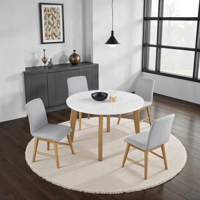 FM37009NT-5PC 5 pc Tangier natural finish wood 48" round white marble top dining table set