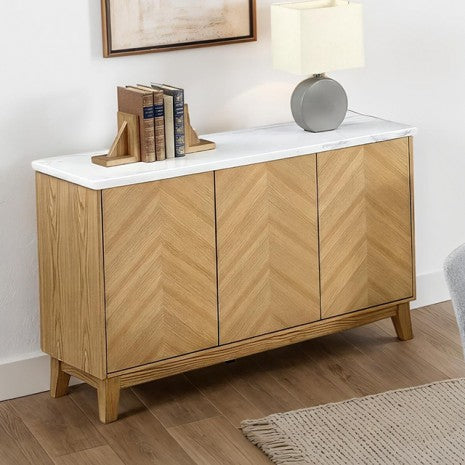 FM37009NT-SV Tangier natural finish wood white marble top storage server sideboard buffet cabinet