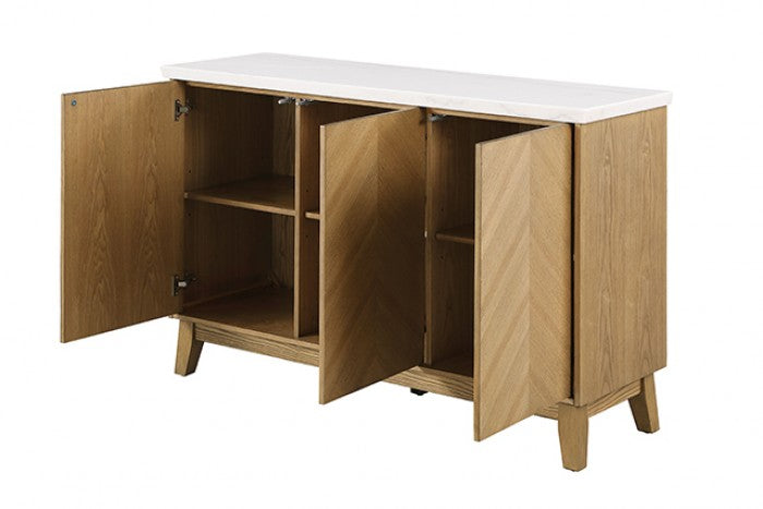 FM37009NT-SV Tangier natural finish wood white marble top storage server sideboard buffet cabinet