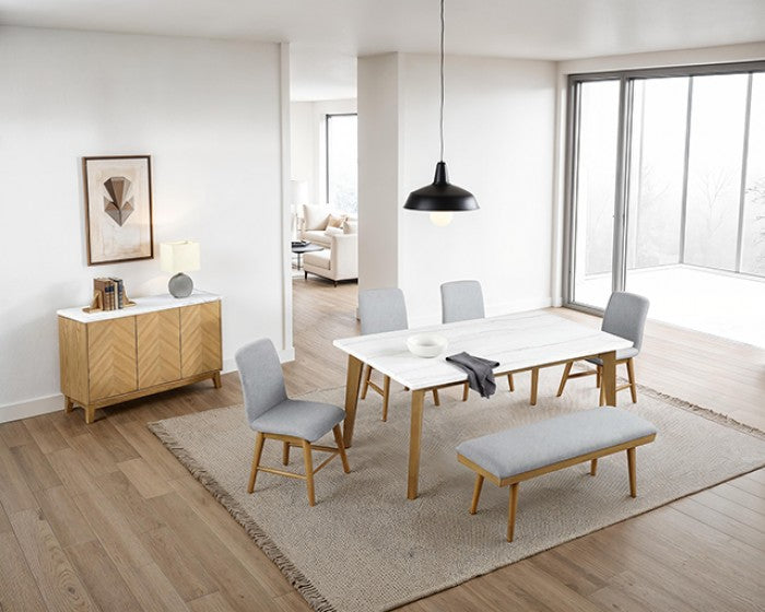 FM37009NT-6PC 6 pc Tangier natural finish wood white marble top dining table set with bench