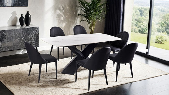 FM3700BK-7PC 7 pc Lenvik black powder coated base and white ceramic top modern dining table set