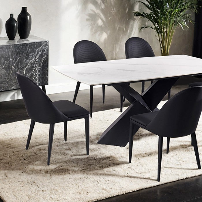 FM3700BK-7PC 7 pc Lenvik black powder coated base and white ceramic top modern dining table set