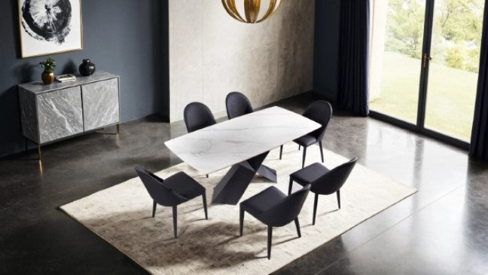 FM3700BK-7PC 7 pc Lenvik black powder coated base and white ceramic top modern dining table set