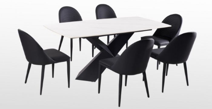 FM3700BK-7PC 7 pc Lenvik black powder coated base and white ceramic top modern dining table set