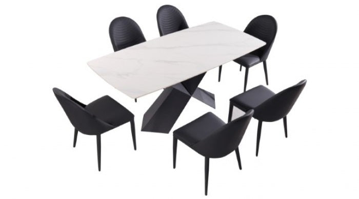 FM3700BK-7PC 7 pc Lenvik black powder coated base and white ceramic top modern dining table set