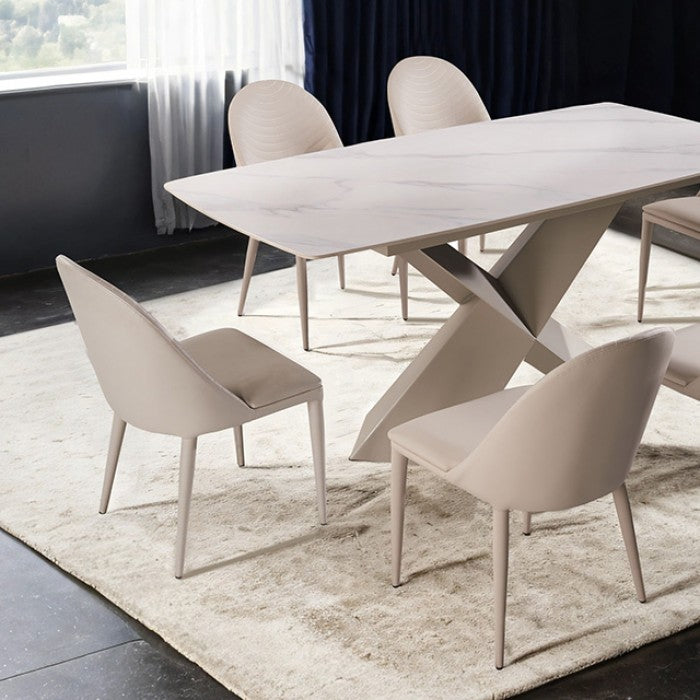FM3700BR-7PC 7 pc Lenvik brown powder coated base and white ceramic top modern dining table set