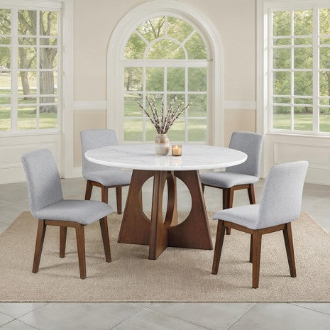FM37011WN-RT-5PC 5 pc Ostbirk walnut finish wood pedestal base 52" round marble top dining table set