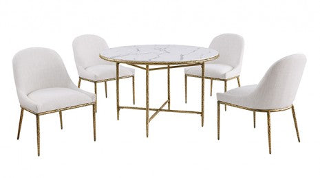 FM37012GD-5PC 5 pc Balvi matte gold hammered finish frame 48" round faux marble top dining table set