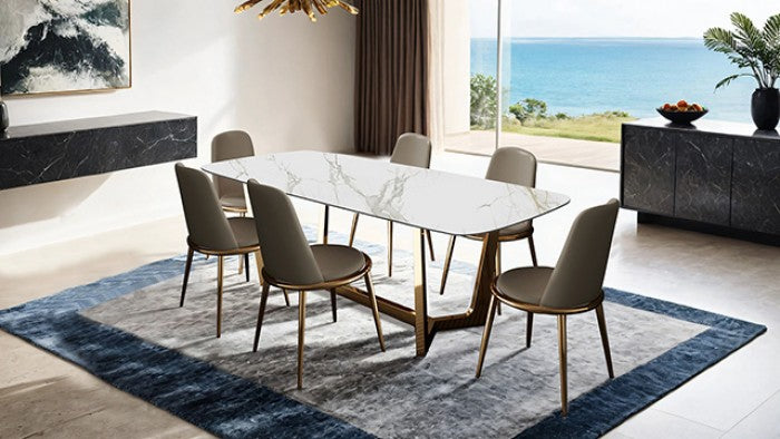 FM3701GD-7PC 7 pc Norelli gold finish base white ceramic top modern dining table set