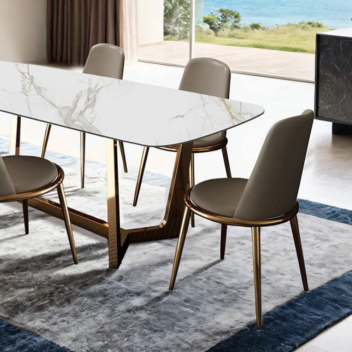 FM3701GD-7PC 7 pc Norelli gold finish base white ceramic top modern dining table set