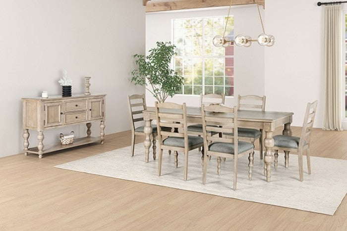 FM39000AK-7PC 7 pc Chesapeake light white wash finish wood modern farmhouse style dining table set