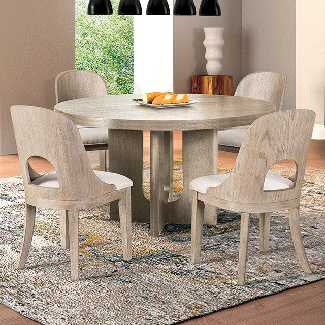 FM39004AK-RT-5PC 5 pc Sterling west white oak finish wood contemporary 54" round dining table with rounded back chairs