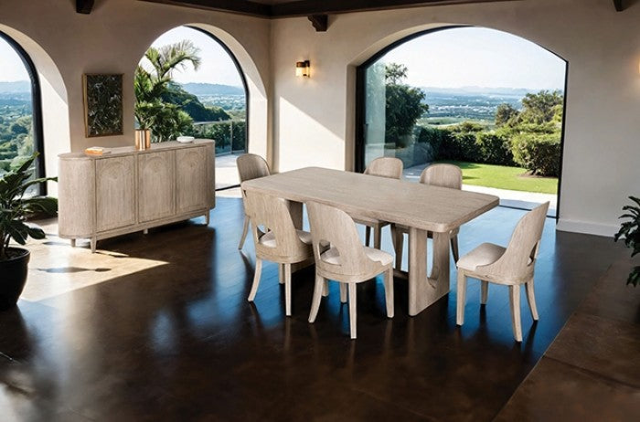 FM39004AK-7PC 7 pc Sterling west white oak finish wood contemporary dining table with rounded back chairs