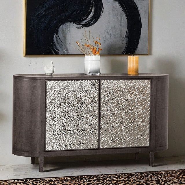 FM39004ES-SV2 Sterling west ash gray finish wood contemporary server sideboard buffet cabinet dented stainless steel panels