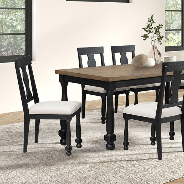 FM39009BK-7PC 7 pc Neue mills black and rustic oak finish wood farmhouse style dining table set