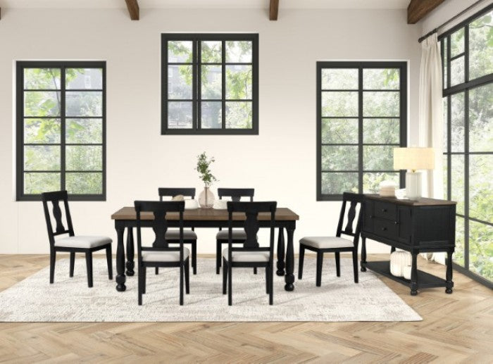 FM39009BK-7PC 7 pc Neue mills black and rustic oak finish wood farmhouse style dining table set