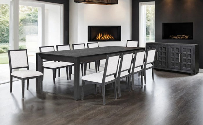 FM39011BK-11PC 11 pc Hatton cross weathered black finish wood modern contemporary 118" dining table set