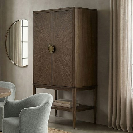 FM39018WN-CR Clarksburg walnut finish wood mid-century modern curio storage cabinet with mirror back glass shelves