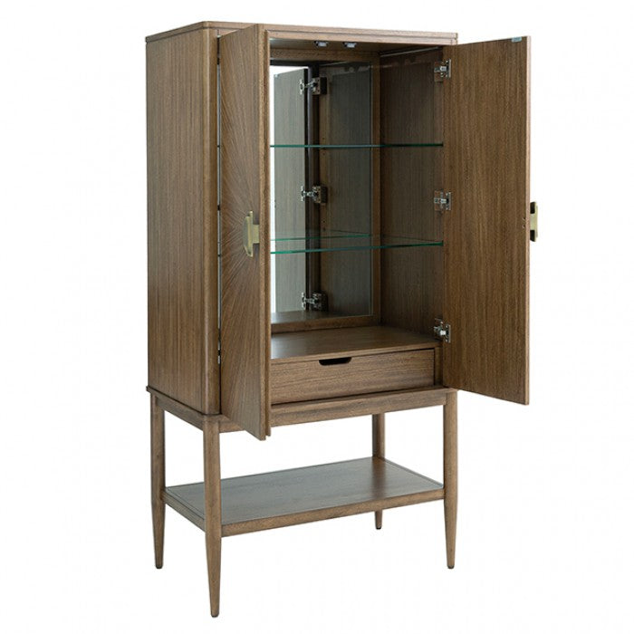 FM39018WN-CR Clarksburg walnut finish wood mid-century modern curio storage cabinet with mirror back glass shelves