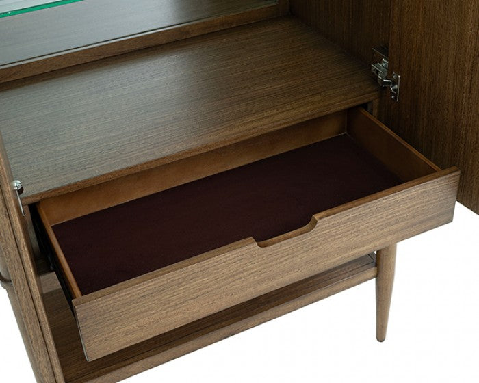 FM39018WN-CR Clarksburg walnut finish wood mid-century modern curio storage cabinet with mirror back glass shelves