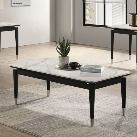 FM42001BK-C Maidstone black finish wood white marble top rectangular coffee table with tapered silver capped legs
