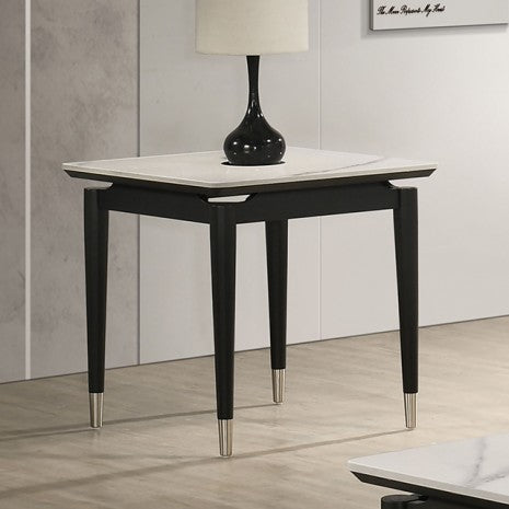 FM42001BK-E Maidstone black finish wood white marble top square end table with tapered silver capped legs