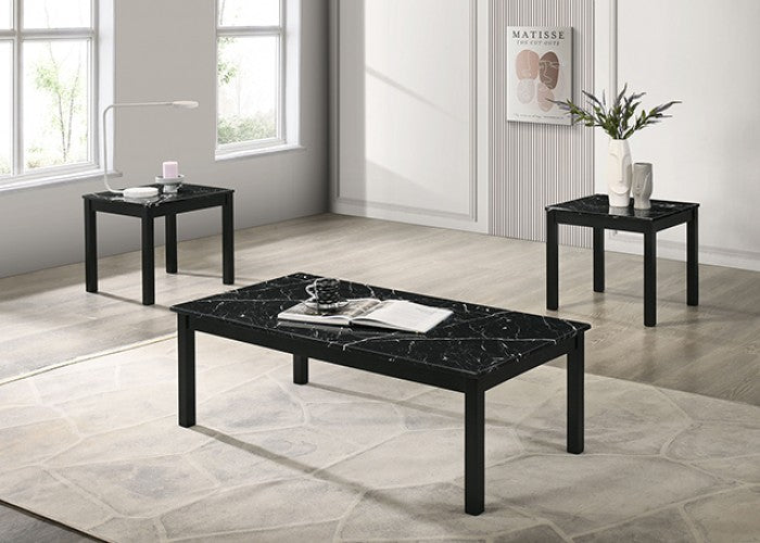 FM42900BK-3PK 3 pc Findlay black wood finish black faux marble top coffee and end table set