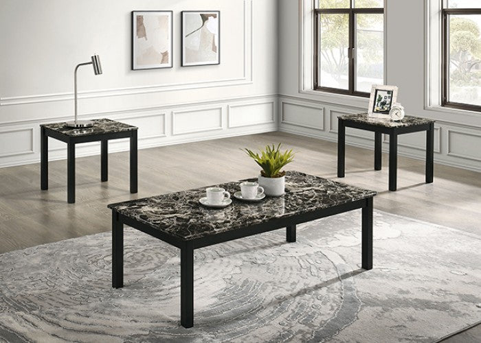 FM42900BW-3PK 3 pc Findlay black finish wood faux marble finish top coffee and end table set