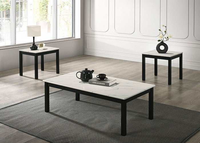 FM42900WH-3PK 3 pc Findlay black finish wood faux marble finish top coffee and end table set