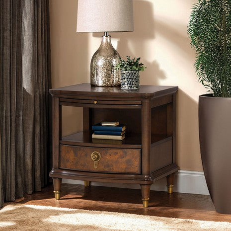 FM44001CH-E Westerham dark cherry finish wood end table with gold capped legs and lower shelf and drawer