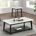 FM44002WH-CR Thisted black finish wood white marble top rectangular coffee table with lower shelf and casters