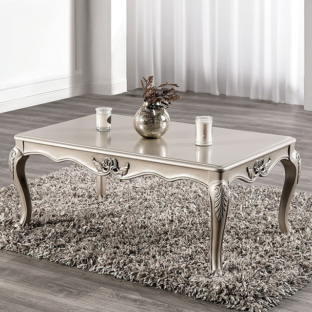 FM45001WH-C Rochester champagne finish wood ornate carved accents cabriolet legs coffee table