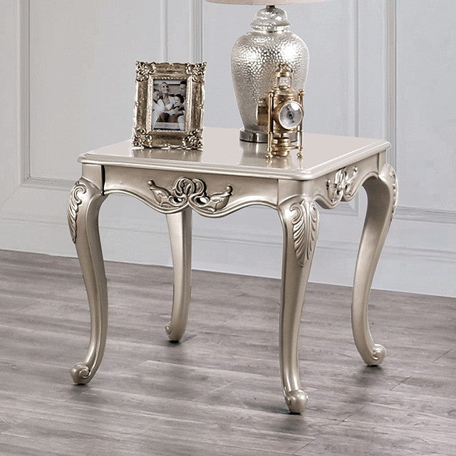 FM45001WH-E Rochester champagne finish wood ornate carved accents cabriolet legs end table