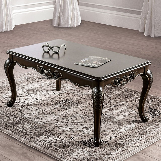FM45003-C Halcaster java finish wood ornate carved accents cabriolet legs coffee table