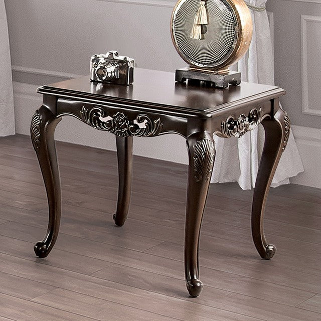 FM45003-E Halcaster java finish wood ornate carved accents cabriolet legs end table