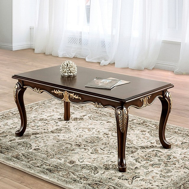 FM45004-C Cookshire rich tobacco finish wood gold ornate carved accents cabriolet legs coffee table