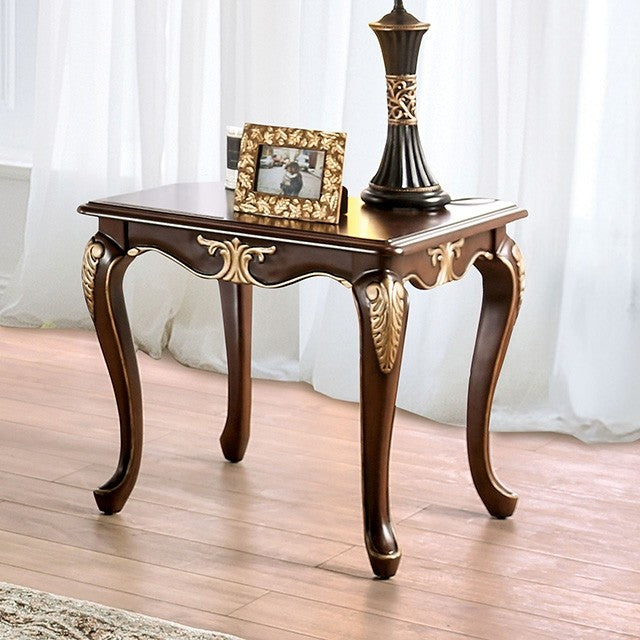 FM45004-E Cookshire rich tobacco finish wood gold ornate carved accents cabriolet legs end table